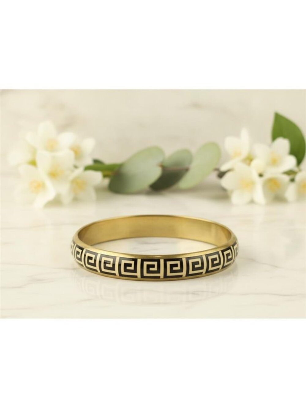 Vintage Gold Tone Black Cream Enamel Greek Key Bangle Bracelet 8 In Geometric